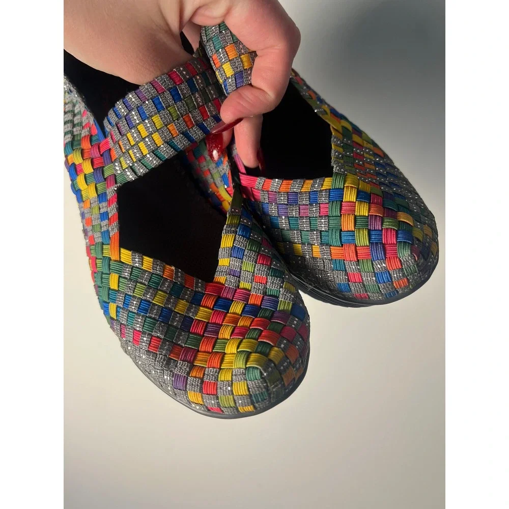 St. John's Bay Woven Mary Jane Wedges W 9 Multicolor Rainbow Elastic Strap Artsy